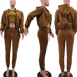 Chándal de forro polar marrón de 3 piezas para mujer con sudadera con capucha y jogger