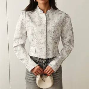 Women Elegant Ink-wash Floral Print Blazer Temperament Stand Collar Long Sleeve Short Small Suit Casual Office Top