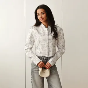 Elegant white ink print cropped blazer for women with long sleeves and casual fit style