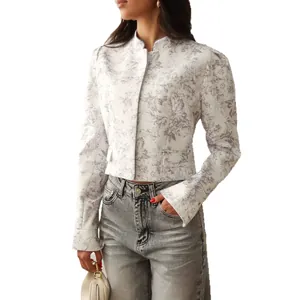 Elegant women's white cropped blazer jacket featuring vintage floral ink wash print design
