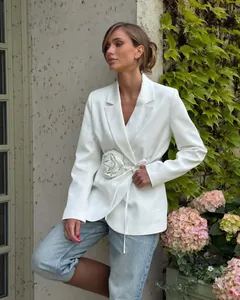 Elegant white blazer with 3D flower decoration and adjustable waist tie for women