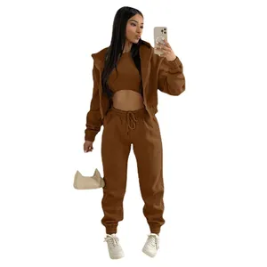 Conjunto de chándal de 3 piezas para mujer en forro polar marrón con sudadera y jogger