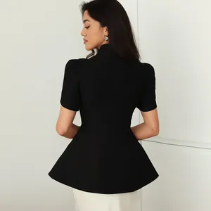Elegant black slim-fit short sleeve blazer top with stand collar and peplum waist