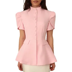 Elegant pink short sleeve peplum blazer with stand collar and button front