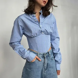 Blue striped cropped shirt with unique corset waist detail and lapel collar