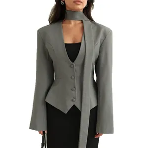 Chic grey slim fit v-neck blazer for women with unique halter scarf detail and long sleeves
