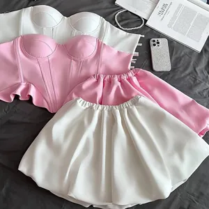 Elegant strapless corset top and bubble mini skirt two-piece set in white and pink