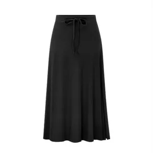 Close-up of black high-waisted knit midi skirt with adjustable drawstring waist