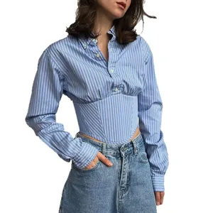 Stylish blue and white striped long sleeve shirt with a cinched corset waist for women