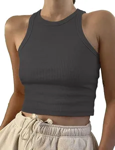 Close-up of a dark grey ribbed sleeveless crop tank top in a slim fit