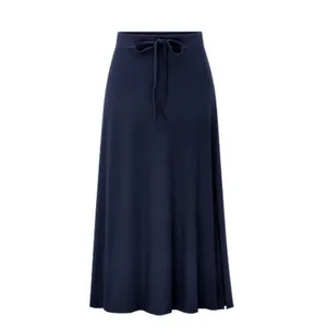 Detailed view of high waist knitted navy blue midi skirt featuring drawstring and side slit