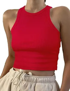 Detailed view of a red ribbed sleeveless cropped tank top for summer casual wear