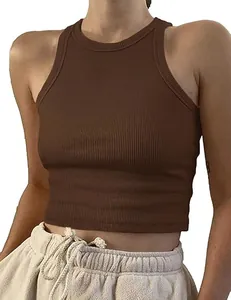 Detail of a brown ribbed sleeveless cropped tank top for women's casual summer wear