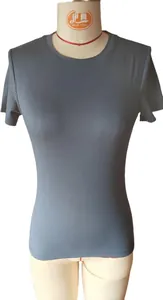 Front view of grey slim-fit high round neck short-sleeved T-shirt on a mannequin.
