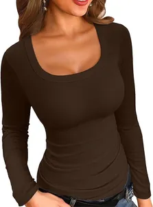 Close-up of a women's ribbed long sleeve t-shirt with a stylish square neckline