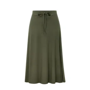 Front view of a minimalist olive green high-waisted knitted midi skirt with side split