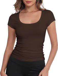 Detailed view of women's brown scoop neck slim fit t-shirt for chic summer fashion look