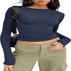 Detailed view of women's slim fit navy blue crew neck casual long sleeve t-shirt