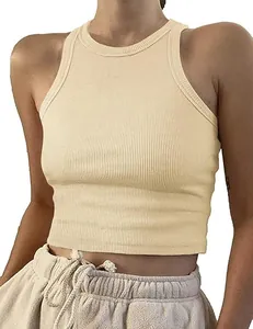 Detailed macro view of a cream-colored ribbed sleeveless slim-fit crop tank top.