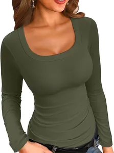 Detail view of women's olive green ribbed long sleeve square neck slim fit casual T-shirt