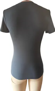 Detailed back view of a slim-fit dark gray short-sleeved T-shirt with high round neck