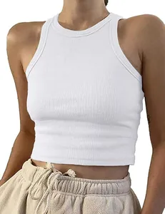Detail view of a white ribbed sleeveless cropped tank top for women in a slim fit