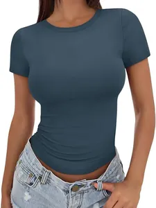 Slim fit women's high round neck short sleeve T-shirt in blue grey, casual summer top.