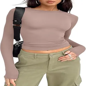 Close-up of slim fit crew neck long sleeve t-shirt in dusty mauve color