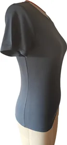 Detailed side profile of a grey slim-fit short-sleeved T-shirt on a mannequin stand