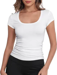 Close-up of a women's slim-fit white T-shirt with a stylish scoop neckline.