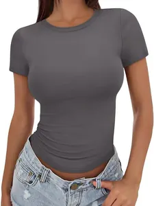 Women's Sexy Slim Fit Solid Color Crew Neck T-Shirt Summer Short Sleeve Polyester Spandex Basic Casual Top