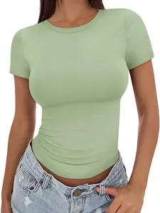 Slim fit light green crew neck short sleeve T-shirt for women, minimalist design