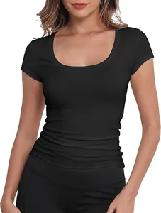 Detailed view of women's black slim-fit scoop neck t-shirt in breathable fabric