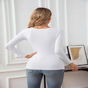 Detailed back view of a white slim-fit long-sleeved rib-knit casual T-shirt for women