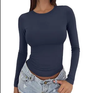 Women's slim fit navy blue long sleeve crew neck t-shirt with comfortable ribbed texture