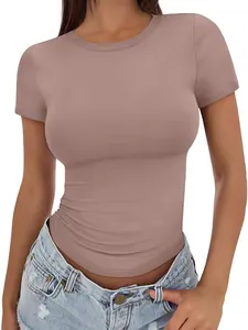 Basic mauve slim fit crew neck T-shirt for women in a solid color casual fashion style