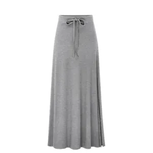 Women's High Waisted Ribbed Knit Midi Skirt With Side Slit Drawstring Waist Sexy Bodycon Pencil Skirt Casual Solid Color Bottoms