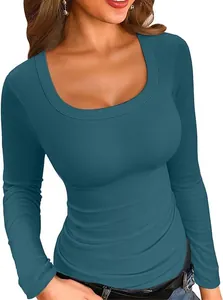 Close-up of a teal long sleeve square neck t-shirt featuring a ribbed texture and slim fit.