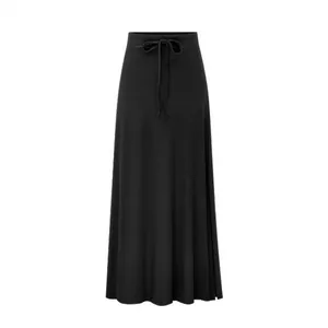 Elegant black high waisted knitted midi skirt with adjustable drawstring and side slit detail