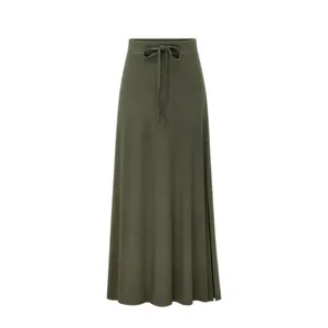 Dark olive high-waist ribbed knit midi skirt with drawstring and elegant side slit