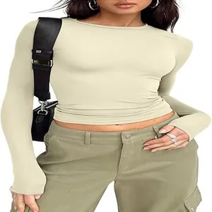 Slim fit long sleeve crew neck t-shirt for women in light beige casual streetwear style