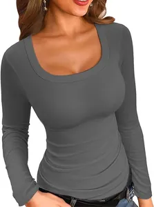Detail shot of a women's gray square-neck ribbed long-sleeve slim fit casual shirt