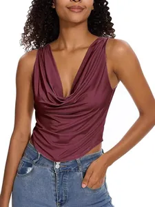 Débardeur Femme à Col Bénitier Froncé Sexy Coupe Slim Sans Manches Polyester Élasthanne Été Ourlet Irrégulier Top