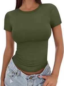 Slim fit olive green crew neck short sleeve T-shirt for women casual summer wear