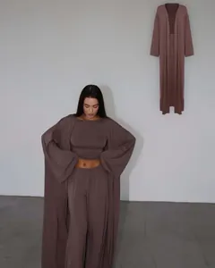Elegante set loungewear da 3 pezzi color caffè con cardigan lungo e pantaloni vita alta