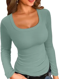 Close-up detail of women's sage green ribbed long sleeve square neck slim fit casual T-shirt