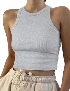 Slim fit grey ribbed crop tank top for women, sleeveless casual summer knitted vest top