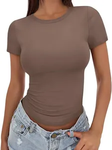 Slim fit brown short sleeve T-shirt with high round neck for women, casual summer style