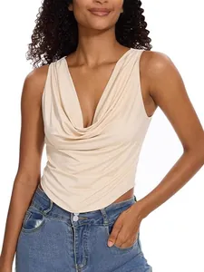 Débardeur élégant sans manches à col en V drapé en beige pour un style d'été chic