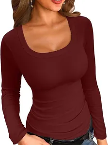 Detailed view of women's burgundy ribbed long sleeve slim fit casual T-shirt with a square neck